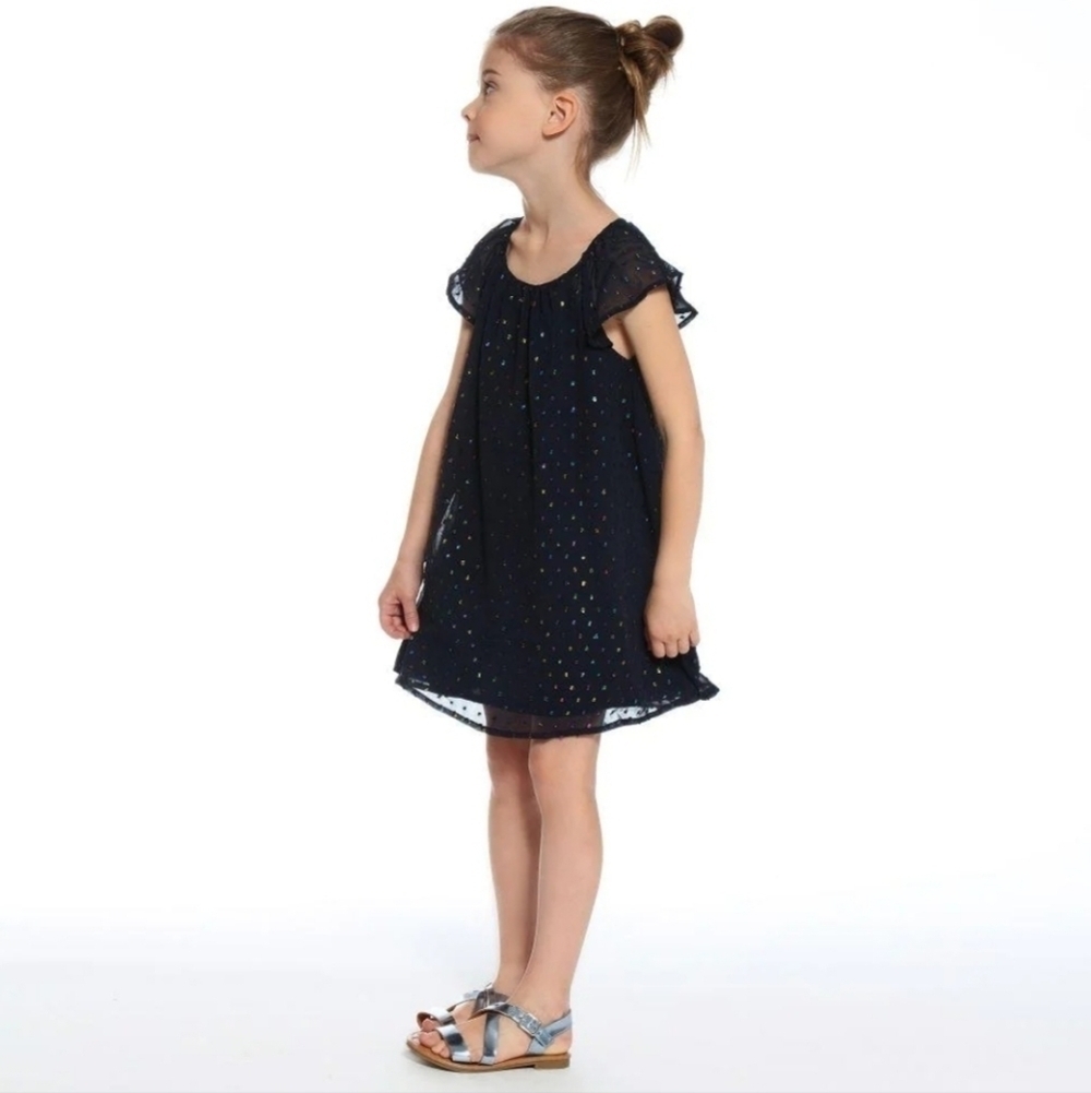 NWOT 3Pommes Girls Navy Robe A Manches Short Sleeve Dress - Picture 2 of 15
